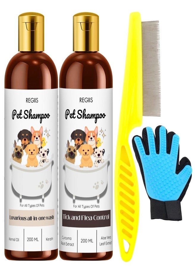 REGIIS Pet Shampoo Set with Grooming Tools, Tick and Flea Control Formula, Luxurious All-in-One Wash, 200 ML Bottles, Includes Deshedding Glove and Flea Comb(4 Pack) - Image 1